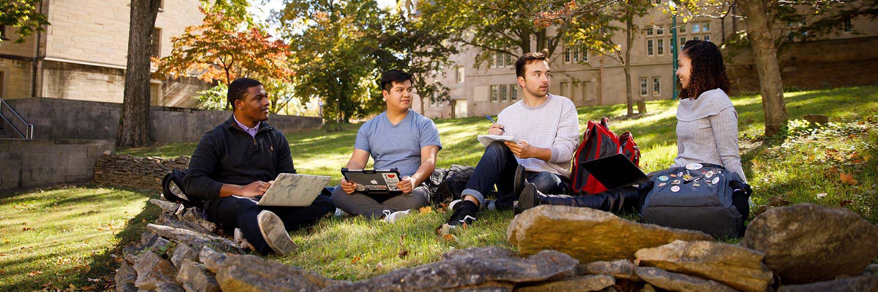 A group of students sits in a greenspace outdoors with their laptops.